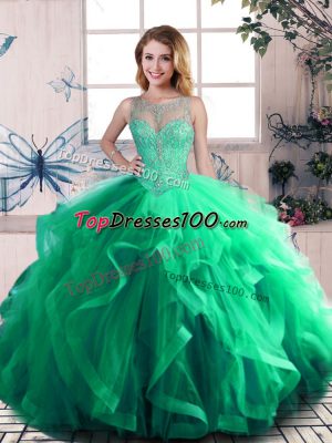 Green Ball Gowns Tulle Scoop Sleeveless Beading and Ruffles Floor Length Lace Up Quinceanera Dress