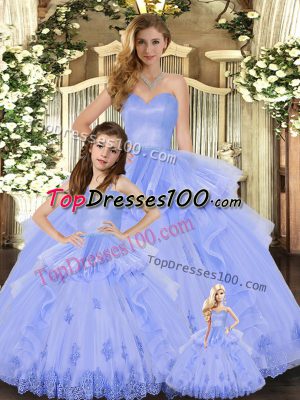 Best Lavender Ball Gowns Appliques and Ruffles Ball Gown Prom Dress Lace Up Tulle Sleeveless Floor Length