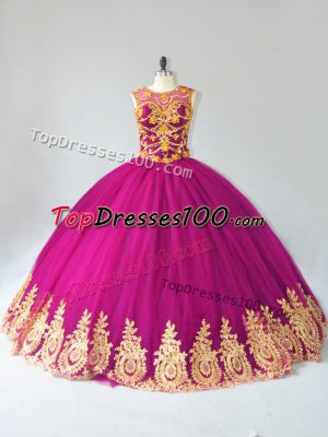 Fuchsia Ball Gowns Scoop Sleeveless Tulle Floor Length Lace Up Beading and Appliques Sweet 16 Dress