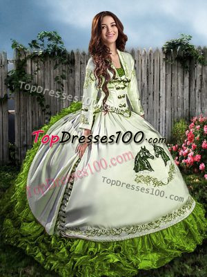 Olive Green Sweetheart Lace Up Embroidery and Ruffles Quince Ball Gowns Sleeveless