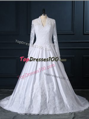 White Wedding Gown Tulle Brush Train Long Sleeves Lace