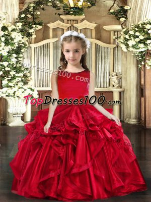 Customized Red Ball Gowns Organza Scoop Sleeveless Ruffles Floor Length Lace Up High School Pageant Dress
