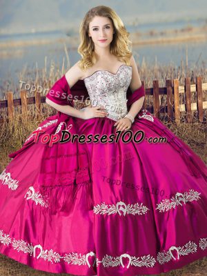 Dramatic Fuchsia Lace Up Sweetheart Sleeveless Floor Length Sweet 16 Dress Beading and Embroidery