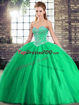 Sleeveless Brush Train Beading Lace Up Quince Ball Gowns