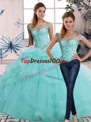 Stylish Sleeveless Floor Length Beading and Ruffles Lace Up 15th Birthday Dress with Aqua Blue