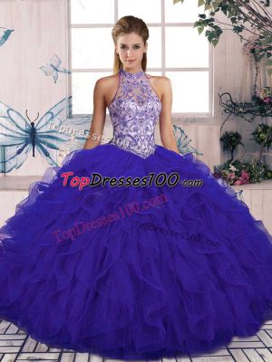 Vintage Purple Sleeveless Floor Length Beading and Ruffles Lace Up Ball Gown Prom Dress