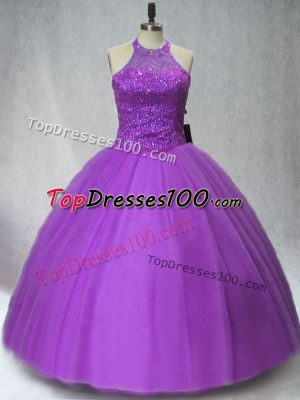 Purple Lace Up Halter Top Beading 15 Quinceanera Dress Tulle Sleeveless