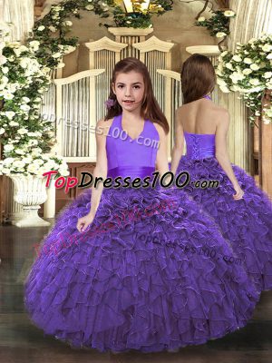 High End Purple Lace Up Little Girls Pageant Dress Wholesale Ruffles Sleeveless Floor Length