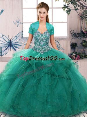Exceptional Turquoise Off The Shoulder Lace Up Beading and Ruffles Sweet 16 Dresses Sleeveless