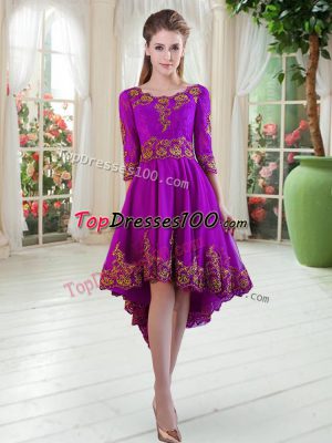 Fashion Long Sleeves Satin High Low Prom Party Dress in Purple with Embroidery