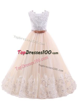 Pink Flower Girl Dresses Wedding Party with Lace Scoop Sleeveless Brush Train Zipper
