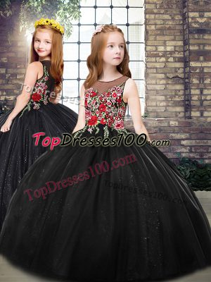 Perfect Black Ball Gowns Embroidery Kids Pageant Dress Zipper Tulle Sleeveless Floor Length