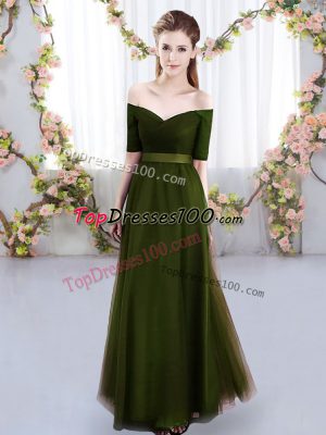 Spectacular Olive Green Short Sleeves Tulle Lace Up Bridesmaid Gown for Prom and Party and Wedding Party