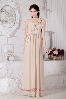 2013 Champagne Empire One Shoulder Hand Made Flowers Bridesmaid Dress Floor-length Chiffon