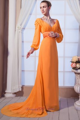 New Simple Column V-neck Brush Train Chiffon Mother of the Bride Dress