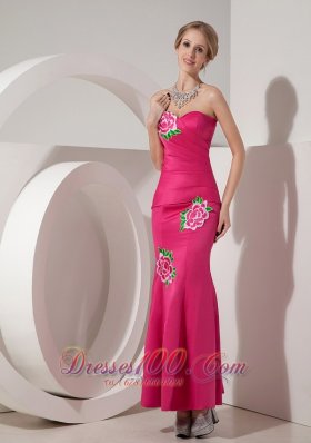 Exquisite Hot Pink Mermaid Sweetheart Cocktail Dress Taffeta Appliques Ankle-length