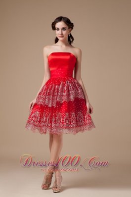 Sexy Red A-line Strapless Prom Dress Taffeta Beading Knee-length