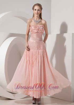 Celebrity Customize Light Pink Evening Dress Column Strapless Chiffon and Taffeta Beading Ankle-length