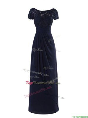 Customized Navy Blue Chiffon Zipper Scoop Short Sleeves Floor Length Prom Dresses Lace and Ruching