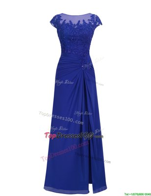 Modern Scoop Royal Blue Cap Sleeves Floor Length Appliques Zipper Prom Dress