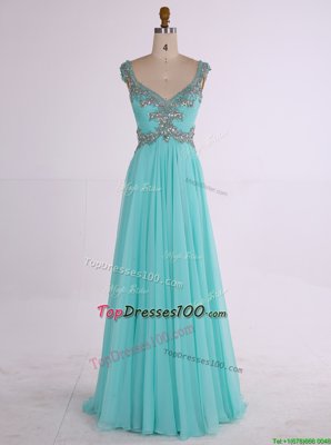 Charming Aqua Blue A-line Chiffon V-neck Sleeveless Beading Floor Length Zipper Homecoming Dress