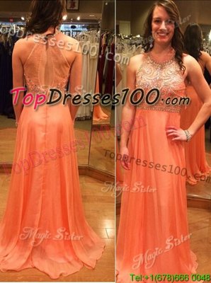 New Style Scoop Backless Chiffon Sleeveless Evening Dress Brush Train and Beading