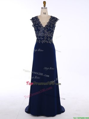 Designer Sleeveless Chiffon Sweep Train Zipper Dress for Prom in Navy Blue for with Appliques