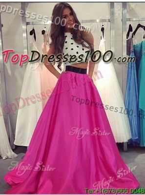 Lovely Halter Top Sleeveless Floor Length Ruching Zipper Prom Party Dress with Fuchsia