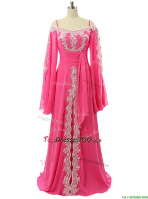 Hot Pink Spaghetti Straps Zipper Lace and Sequins Prom Party Dress Sweep Train Long Sleeves