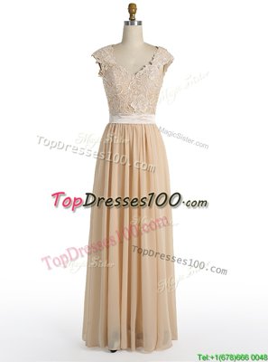 Floor Length Champagne Chiffon Cap Sleeves Lace