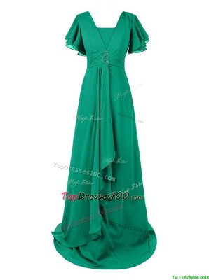 Graceful Green Short Sleeves Chiffon Sweep Train Zipper Prom Party Dress for Prom and Wedding Party