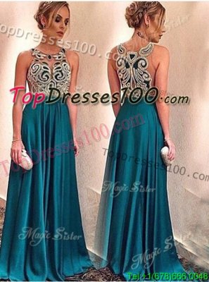 Mermaid Square Grey Sleeveless Brush Train Beading and Sequins Dress for Prom