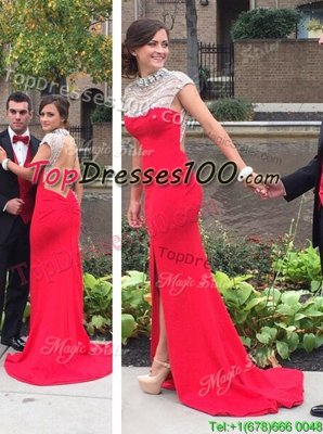 Elegant Coral Red Chiffon Backless Prom Gown Cap Sleeves Court Train Beading