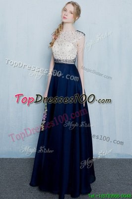 Navy Blue Evening Dress Prom and Party and For with Beading and Ruching Scoop Cap Sleeves Zipper