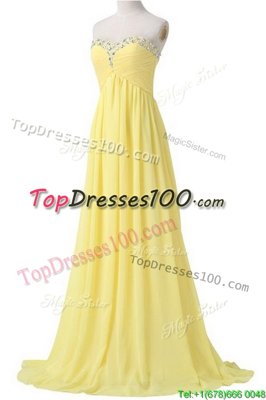 Glittering With Train Light Yellow Dress for Prom Chiffon Brush Train Sleeveless Beading and Ruching