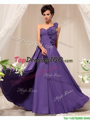 One Shoulder Floor Length Side Zipper Evening Dress Purple and In for Prom and Party with Hand Made Flower