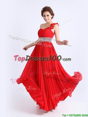 Designer Red Zipper One Shoulder Beading and Ruching and Pleated Chiffon Sleeveless