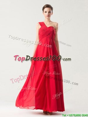 Lovely One Shoulder Floor Length Red Chiffon Sleeveless Ruching