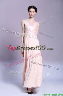 Peach Criss Cross Prom Dresses Pattern Sleeveless Floor Length