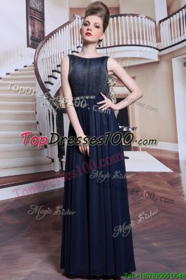 High Class Navy Blue Dress for Prom Prom and Party and For with Beading and Appliques Bateau Sleeveless Zipper