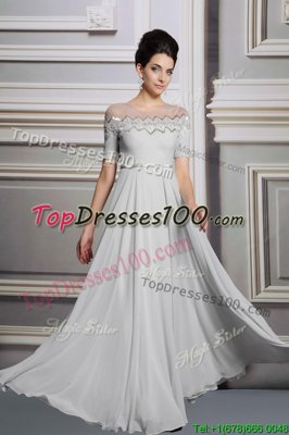 Captivating Scoop Floor Length Silver Homecoming Dress Satin Short Sleeves Appliques and Belt