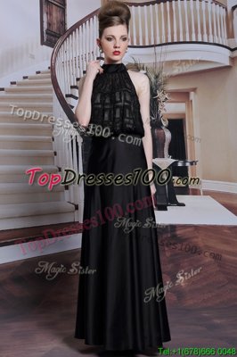 Stunning High-neck Sleeveless Dress for Prom Floor Length Beading Black Satin