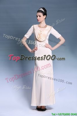 Pretty Champagne Empire Scoop Short Sleeves Chiffon Floor Length Zipper Beading and Ruching Prom Evening Gown