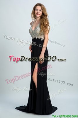 Gorgeous Straps Sleeveless Brush Train Backless Prom Party Dress Black Chiffon