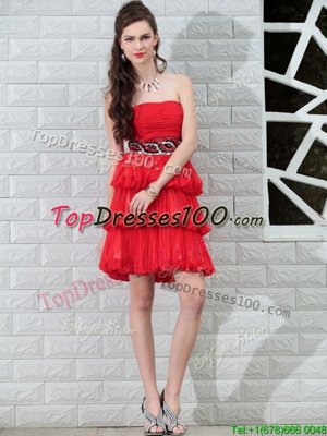 Strapless Sleeveless Side Zipper Cocktail Dress Red Chiffon