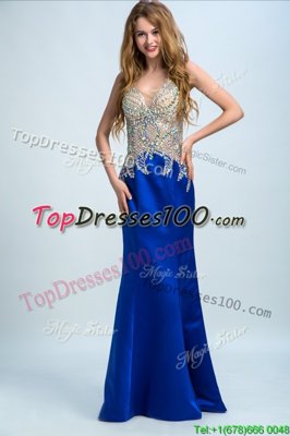 Modern Chiffon V-neck Sleeveless Backless Beading Prom Dresses in Royal Blue