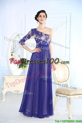 One Shoulder Blue Long Sleeves Floor Length Beading and Appliques Side Zipper Homecoming Dress