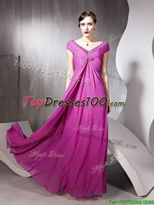 Rose Pink Empire Beading and Ruching Prom Gown Zipper Tulle Cap Sleeves Floor Length