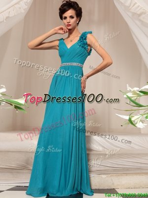 Charming Teal Chiffon Side Zipper Prom Dresses Sleeveless Floor Length Ruffles