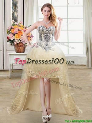 Enchanting Sleeveless Tulle and Lace High Low Lace Up Homecoming Party Dress in Champagne for with Beading and Lace and Sequins